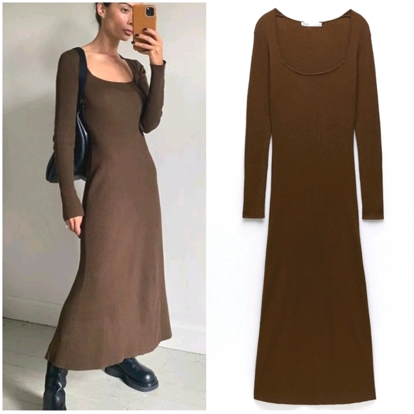 Nwt Zara Long Brown Knit Dress 